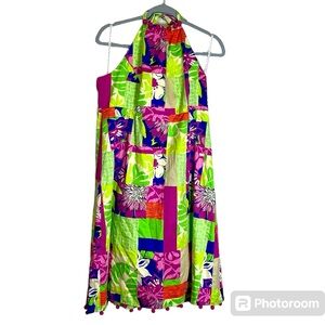 🦁 Lilly Pulitzer Brighton Patchwork Pom Pom Trim Halter Sundress